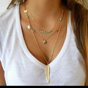 Turquoise Golden Feather Multi Layer Necklace